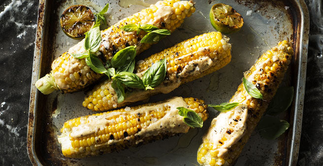 Whole Grilled Corn with Miso and Lime Aioli and Basil
